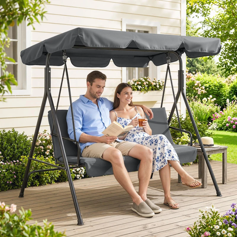 Outsunny Hollywoodschommel, Tuinschommel, 3-zits Schommelbank met Dak, Staal, 172 x 110 x 153 cm, Grijs