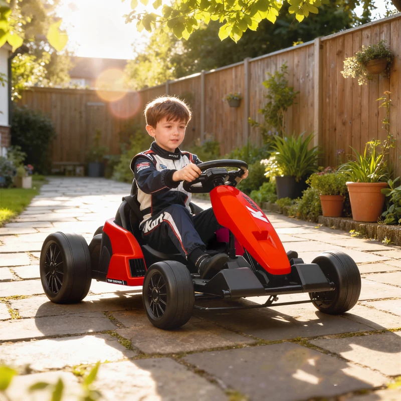 AIYAPLAY 24V Electric Go Kart, Drift Kart with Adjustable Seat, Slow Start, 5-Point Harness, Music, for 6-12 Years, Red