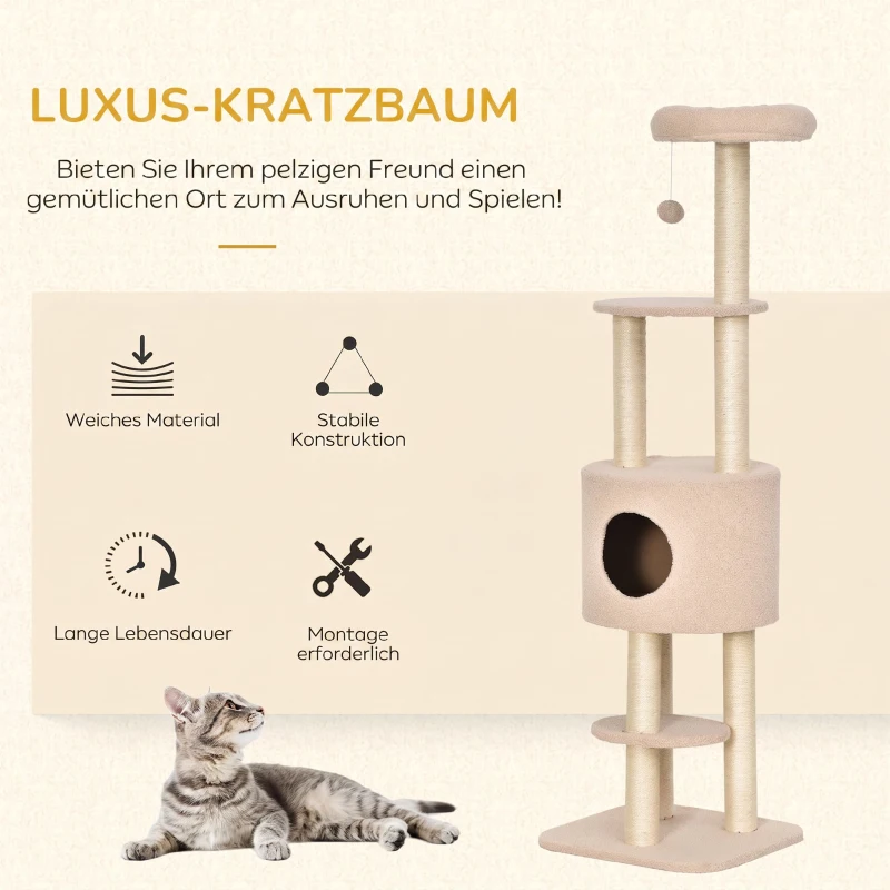 PawHut Kratzbaum 148 cm hoch Katzenbaum mit Höhle, 4 Spielzeuge, Sisalstämme, große Plattform, mehrstöckig für Katzen bis 5 kg