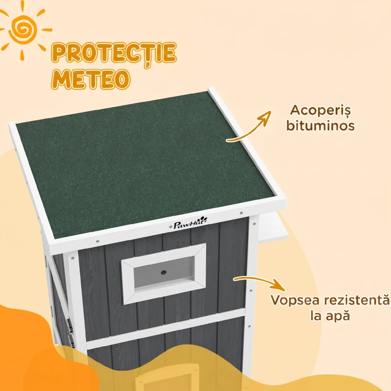Pawhut Casa Exterior Pisici – 2 Niveluri, Lemn Natural Rezistent