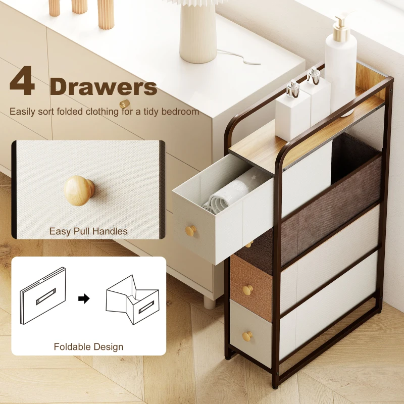 HOMCOM 4-Drawer Storage Organiser Unit, Chest of Drawers with Steel Frame for Bedroom, Living Room, Mixed-Brown
