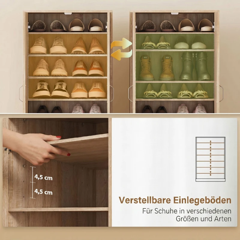 HOMCOM Schuhschrank mit 2 Türen, 6 verstellbare Regalböden, Soft-Close-Scharniere für 14 Paar Schuhe, Naturholz
