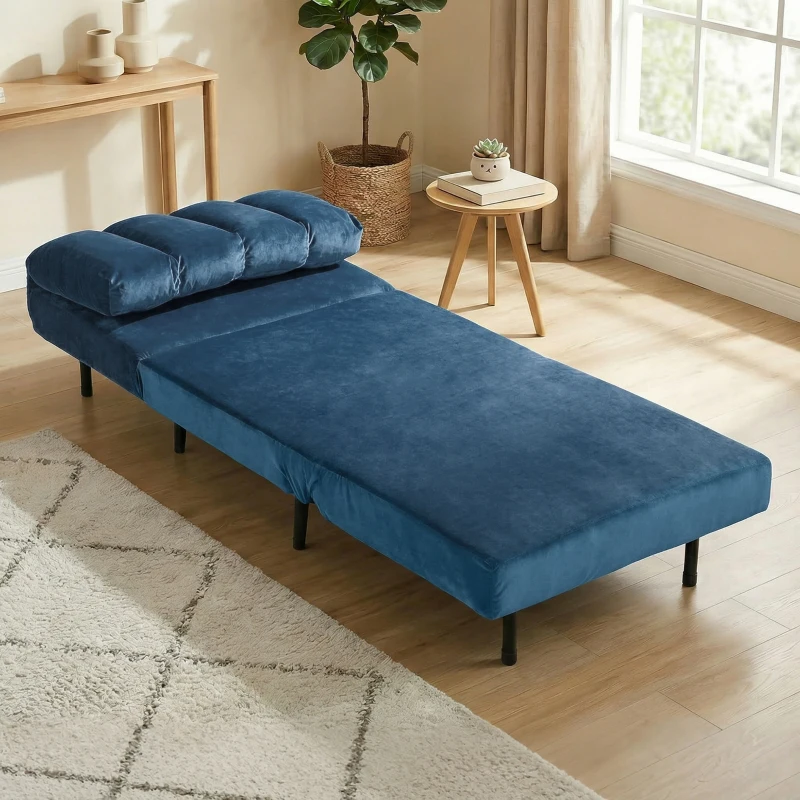 HOMCOM Poltrona Letto Singolo 3 in 1 Effetto Velluto Blu con Struttura in Legno e Metallo, 88x92x88 cm