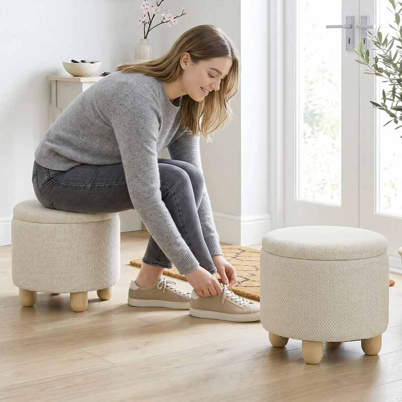 HOMCOM Opbergpoef, Ronde Zithocker met Deksel, Linnenlook voor Woonkamer, Slaapkamer, 38,5x38,5x33,5 cm Beige