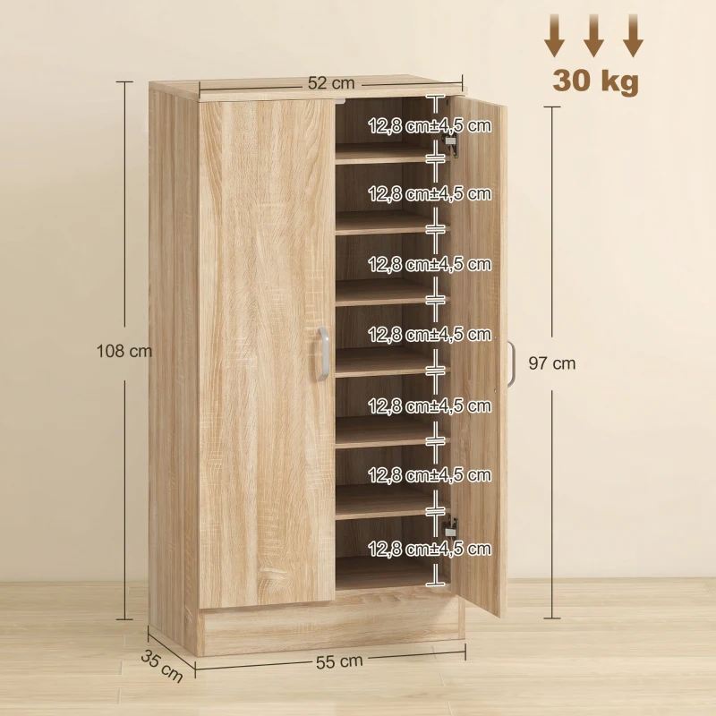HOMCOM Schuhschrank mit 2 Türen, 6 verstellbare Regalböden, Soft-Close-Scharniere für 14 Paar Schuhe, Naturholz