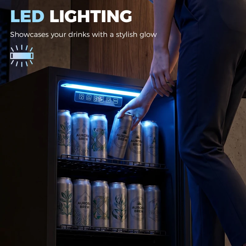 HOMCOM 90L Drinks Fridge, 139 Can Under Counter Freestanding Beer Fridge with LED Light