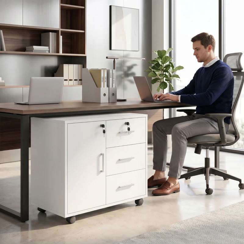 HOMCOM Mueble para Impresora con Ruedas Mesa para Impresora con Puerta y 3 Cajones Cerraduras Estante Ajustable Blanco