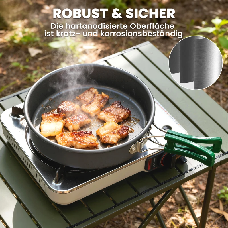 Outsunny Camping Kookset 8-delige Outdoor Servies Set met Anti-verbrandingsgrepen, snel verwarmende pan, koekenpan Grijs