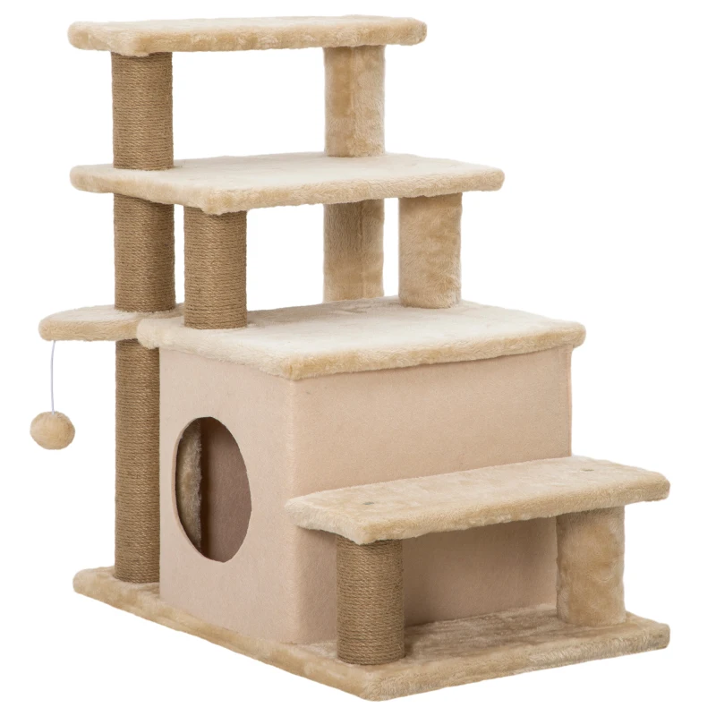 PawHut Huisdierentrap, Krabpaal, 4 treden, Speelbal, Huisje, Verstelbaar in hoogte, 60 x 40 x 66 cm, Beige(m-10)