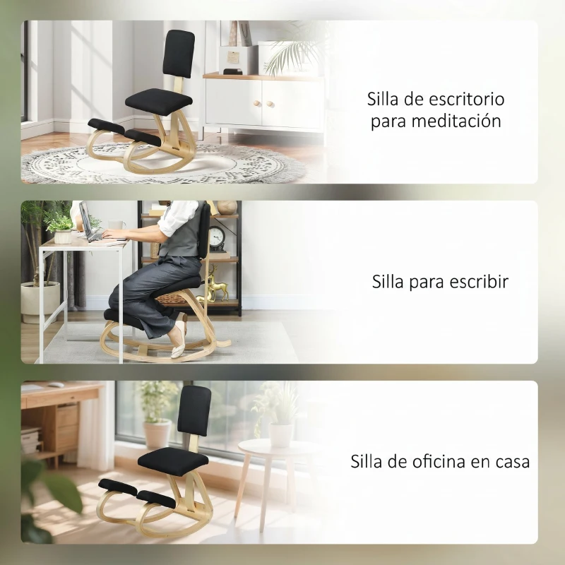 HOMCOM Silla Ergonómica de Rodillas con Respaldo Cojines Acolchados Marco de Madera para una Mejor Postura Oficina Negro