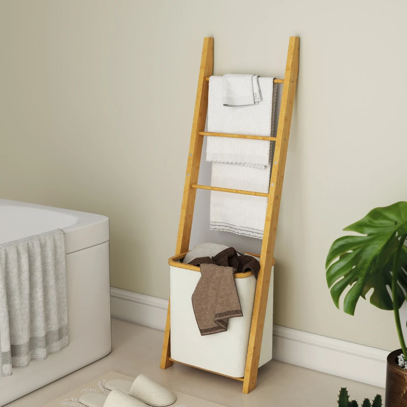 HOMCOM Badregal, 2-in-1 Badezimmerregal mit 3 Stangen, abnehmbarer 48L-Wäschekorb, Bambus, 43 x 35 x 133 cm, Cremeweiß