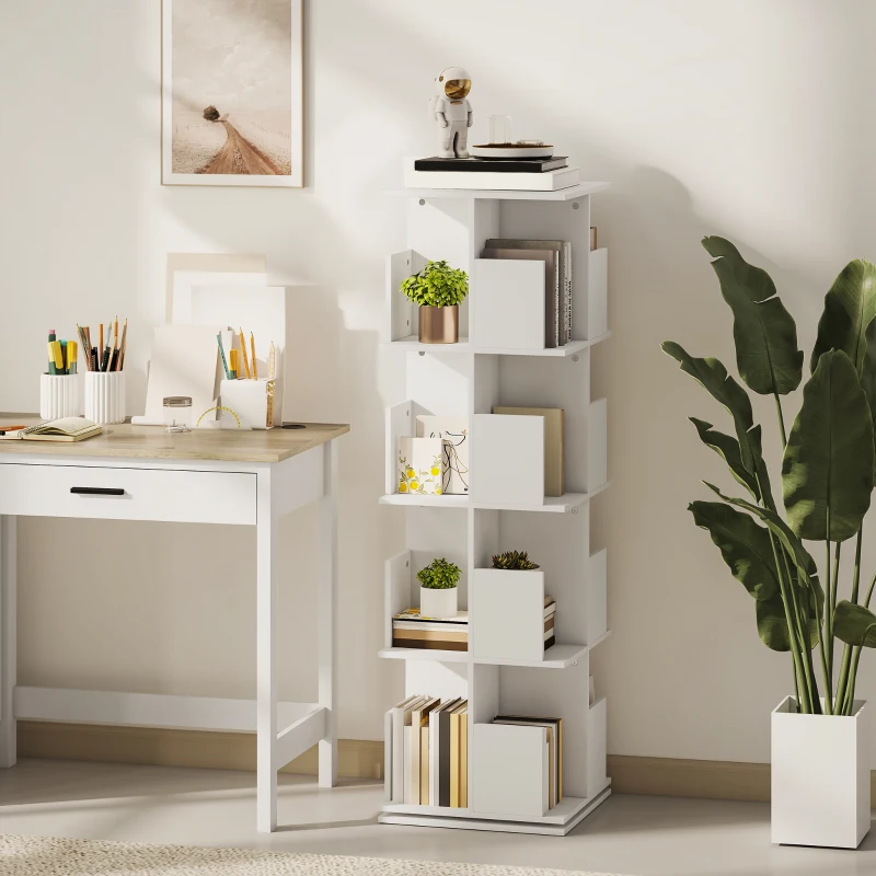 HOMCOM Drehbares Bücherregal mit 4 Ebenen, 16 Fächer, leicht zugänglich, für Schlafzimmer, Wohnzimmer, Arbeitszimmer, Spanplatte, Weiß