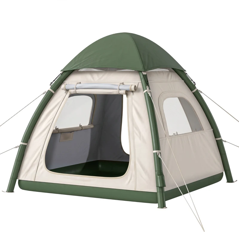 Outsunny Inflatable Camping Tent with Rainfly, 3 Man Air Tent 3000mm Waterproof Blow Up Tents, Beige