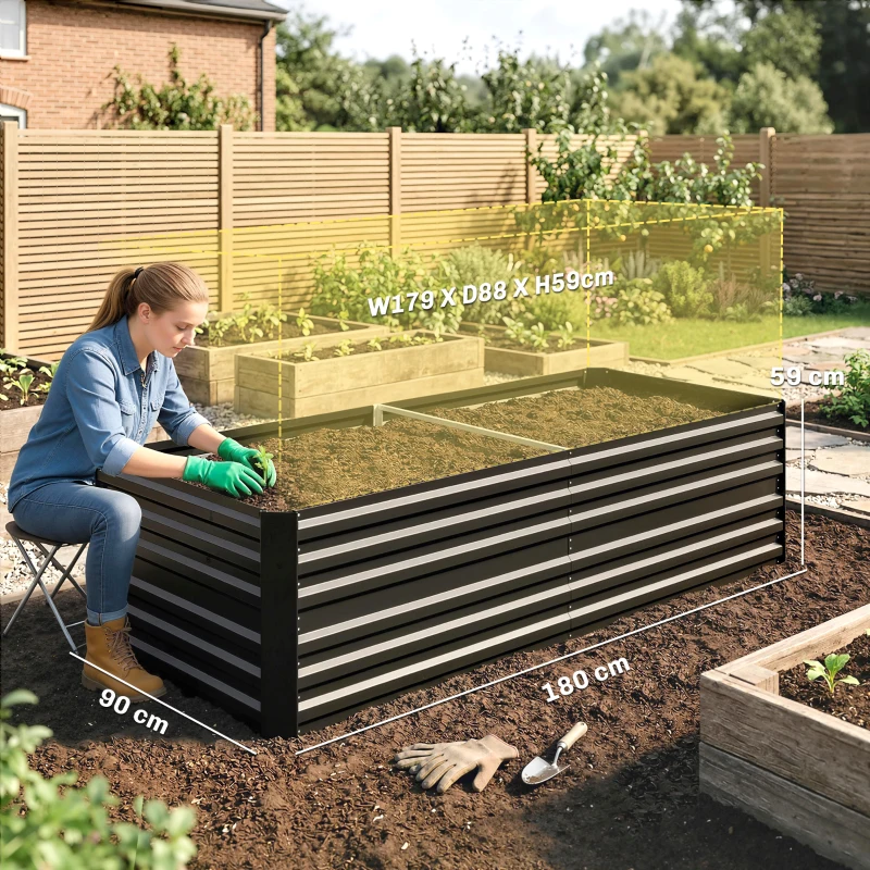 Outsunny Raised Beds for Garden, Galvanised Steel Outdoor Planters with Multi-reinforced Rods, 180 x 90 x 59 cm, Black