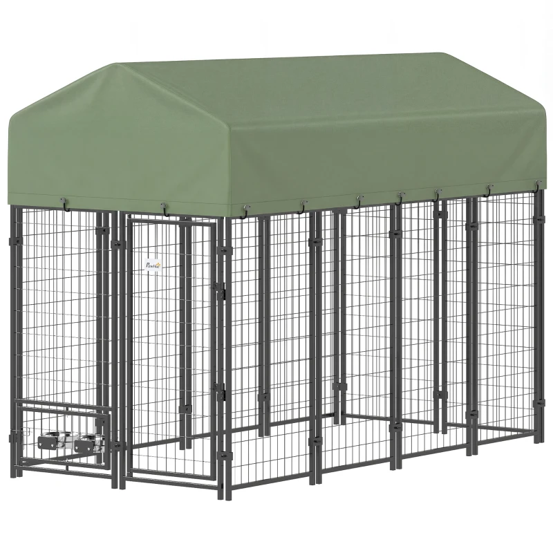 PawHut Recinto per Cani da Esterno in Acciaio con 2 Ciotole Girevoli e Tetto in Tessuto Oxford, 244x122x183 cm, Verde