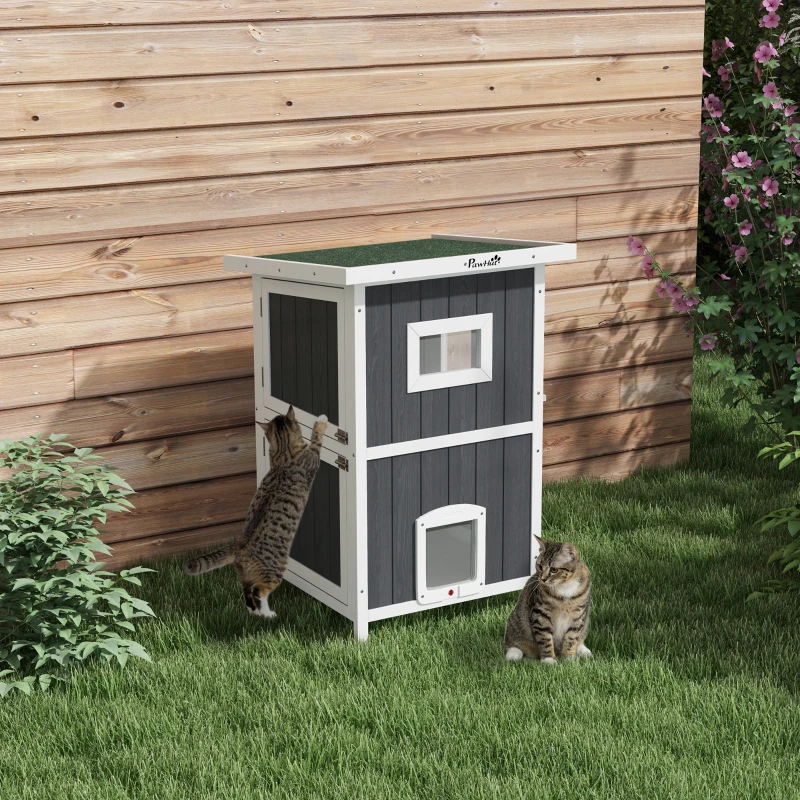 Pawhut Casa Exterior Pisici – 2 Niveluri, Lemn Natural Rezistent