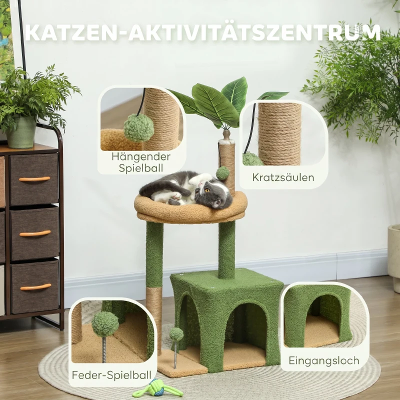 PawHut Kratzbaum 98 cm hoch Katzenbaum mit Höhle, Katzenbett Blätter-Design, Jutestämme, 2 Spielbälle für Katzen unter 5 kg