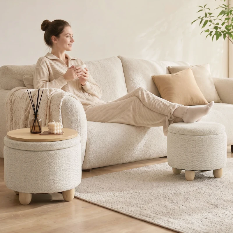 HOMCOM Opbergpoef, Ronde Zithocker met Deksel, Linnenlook voor Woonkamer, Slaapkamer, 38,5x38,5x33,5 cm Beige