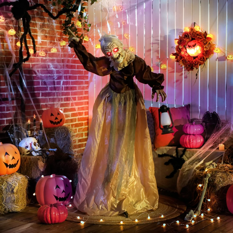 Outsunny 150 cm Halloween Dekoration Halloween Hexe mit LED-Lichter, Soundfunktion verstellbare Arme, Kopf(m-10)