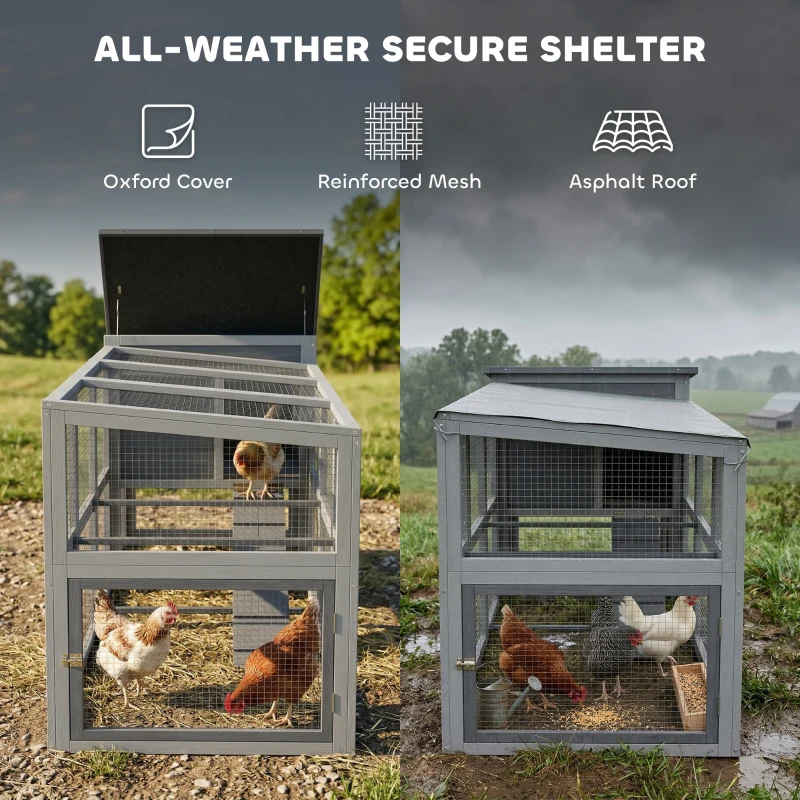 PawHut Large Chicken Coop, Wooden Hen House with Covered Run, Nesting Box, Pull-Out Tray, Opening Asphalt Roof, Grey