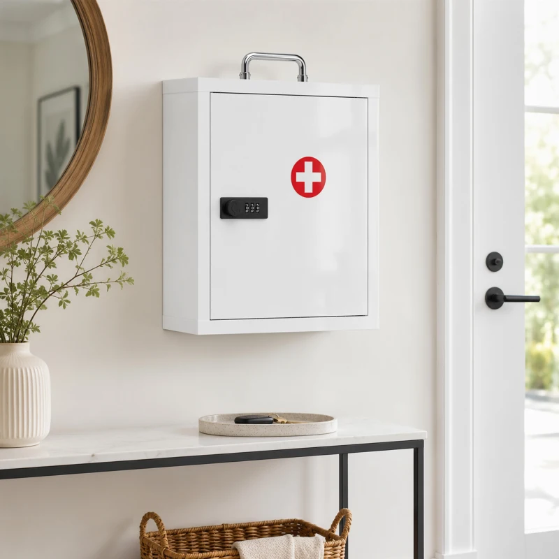 HOMCOM Armoire à médicaments murale avec serrure à combinaison, 3 niveaux, armoire de premiers secours verrouillable en acier, Blanc
