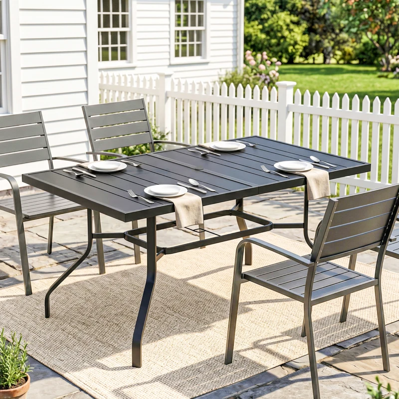 Outsunny Gartentisch 152x90 cm, Wetterfest Balkontisch aus Stahl, Beistelltisch mit Schirmloch, Latten-Design Schwarz