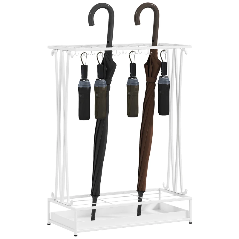 HOMCOM Paraplubak met Uitneembare Lekbak, 21 Openingen & 24 Haken, Staal – Wit