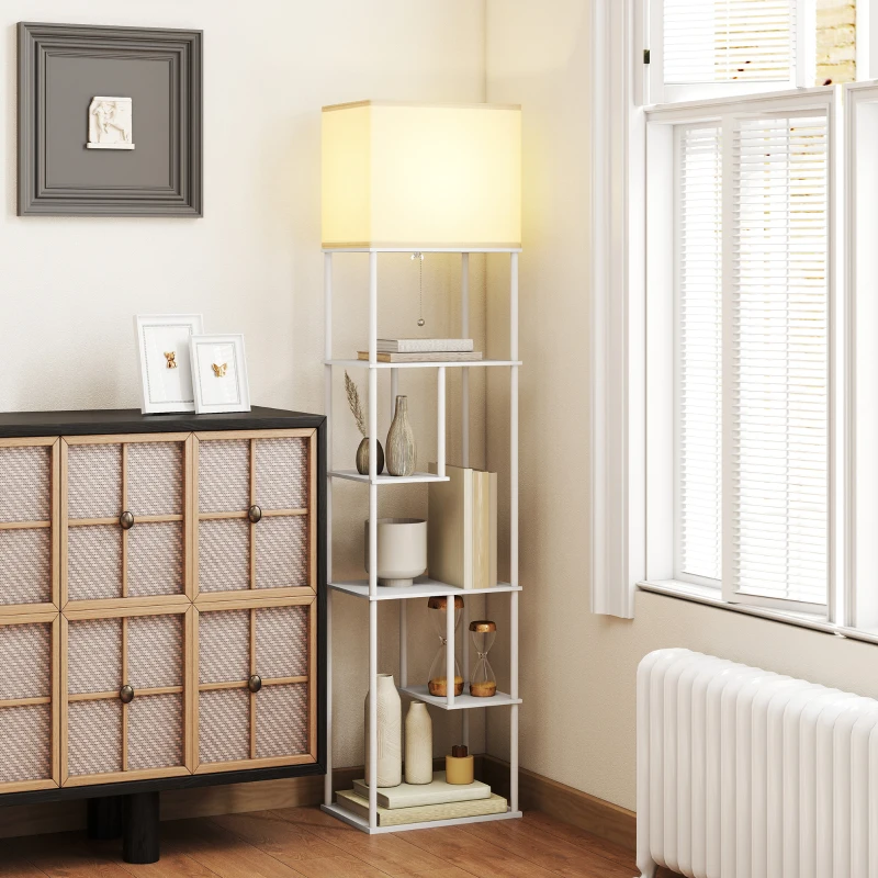 HOMCOM Stehlampe Stehleuchte mit Regalen, einstellbare Helligkeit & Farbtemperatur für Schlafzimmer, Büro, Wohnzimmer, Weiß