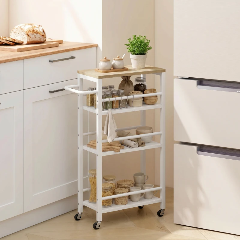 HOMCOM Carrito Auxiliar con Ruedas de 4 Niveles Carrito de Cocina con Toallero y 6 Ganchos para Comedor 50x20x81 cm Roble