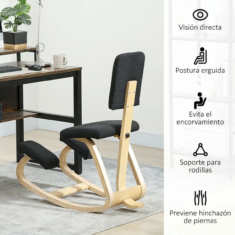 HOMCOM Silla Ergonómica de Rodillas con Respaldo Cojines Acolchados Marco de Madera para una Mejor Postura Oficina Negro