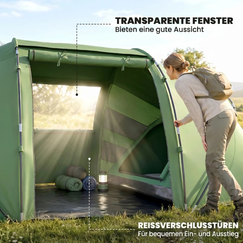 Outsunny Tunnelzelt für 4 Personen, Campingzelt mit Tür, Bodenplane, 2000mm wasserdicht Grün