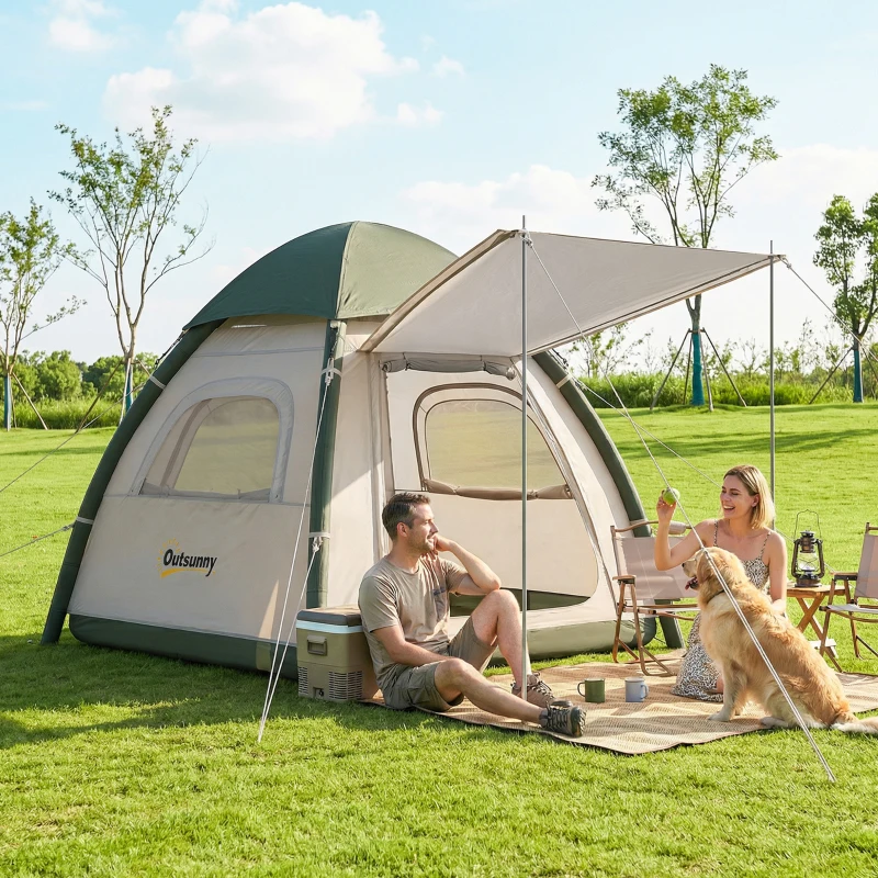Outsunny Inflatable Camping Tent with Rainfly, 3 Man Air Tent 3000mm Waterproof Blow Up Tents, Beige