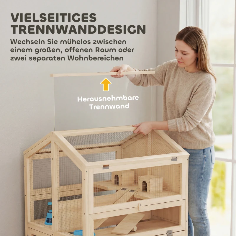 PawHut Hamsterkäfig aus Holz 3 Etagen Nagerkäfig Kleintierkäfig mit Hütten Wippen Rampen Wasserschalen 68x61,5x90 cm Naturholz