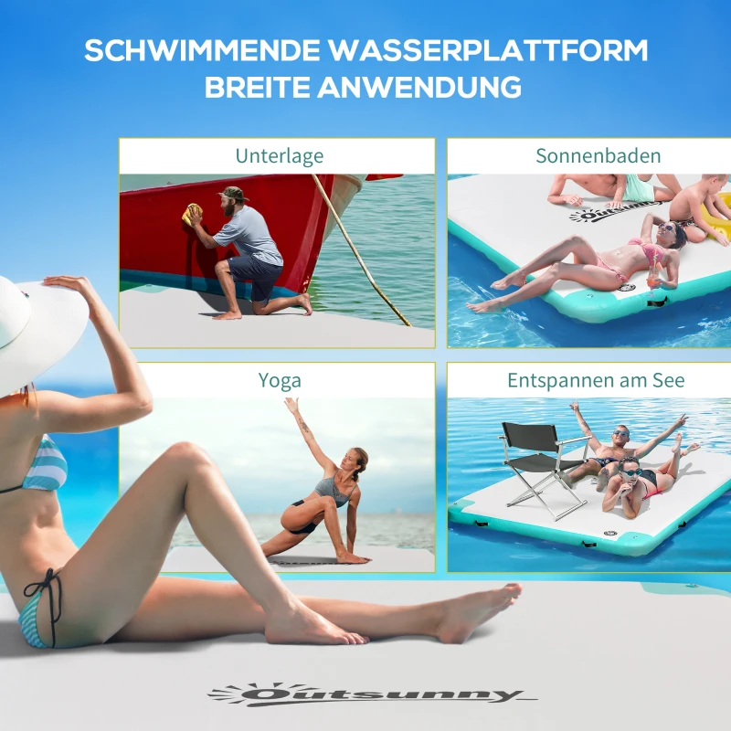 Outsunny Groot Zwemeiland 3x2m Opblaasbaar Eiland 500kg voor Wateractiviteiten voor Volwassenen en Kinderen, Wit Groen
