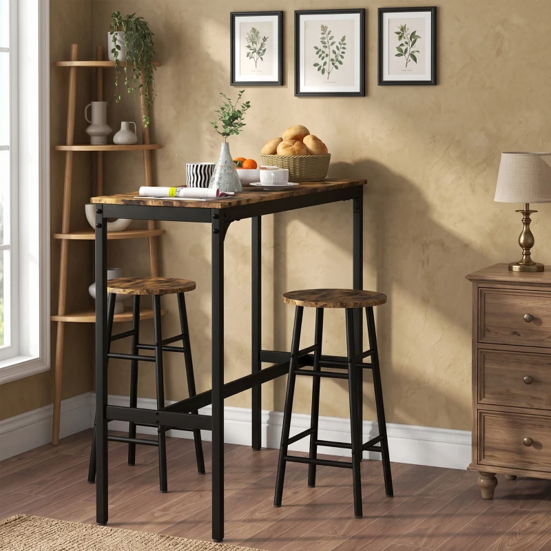 HOMCOM Ensemble table haute de bar + 2 tabourets structure en acier plateau aspect effet bois d'acajou 2 personnes noir