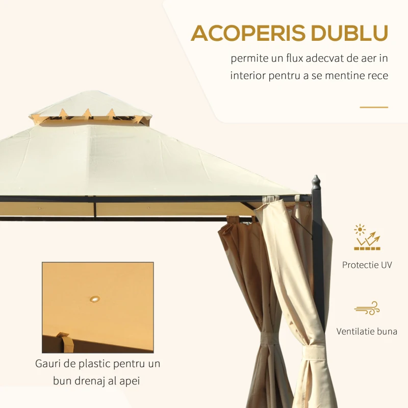 Outsunny Gazebo de Grădină 3x3m cu 4 Perdele Laterale și Acoperiș Dublu Bej