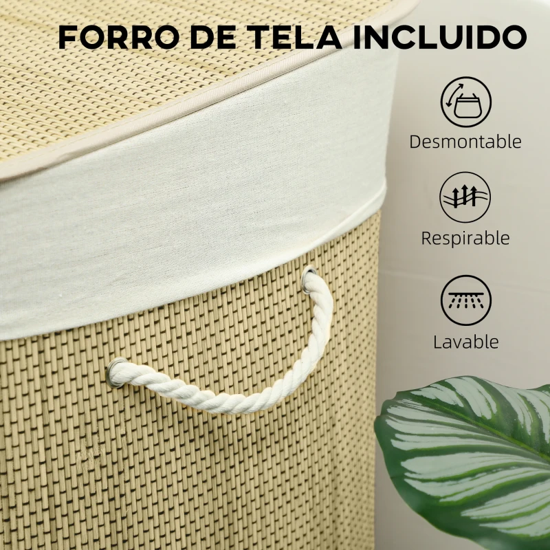 HOMCOM Cesto de Ropa Sucia de Bambú con 1 Compartimento Asas para Facilitar el Uso y Bolsas Desmontables Lavables 60x40x60 cm