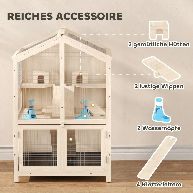 PawHut Hamsterkäfig aus Holz 3 Etagen Nagerkäfig Kleintierkäfig mit Hütten Wippen Rampen Wasserschalen 68x61,5x90 cm Naturholz