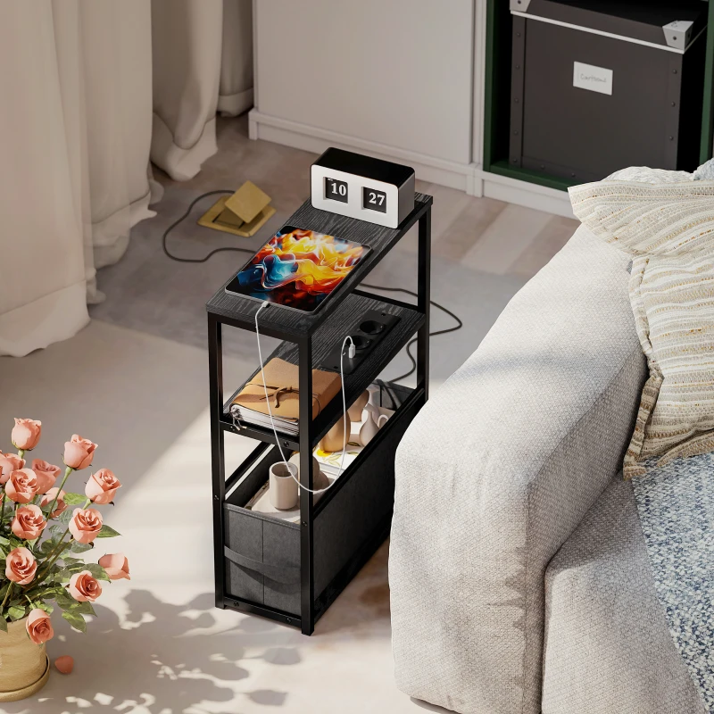 HOMCOM Beistelltisch Sofatisch mit Steckdosenleiste, Ablage, für Kleine Räume, 45x18x60,2cm, Schwarz
