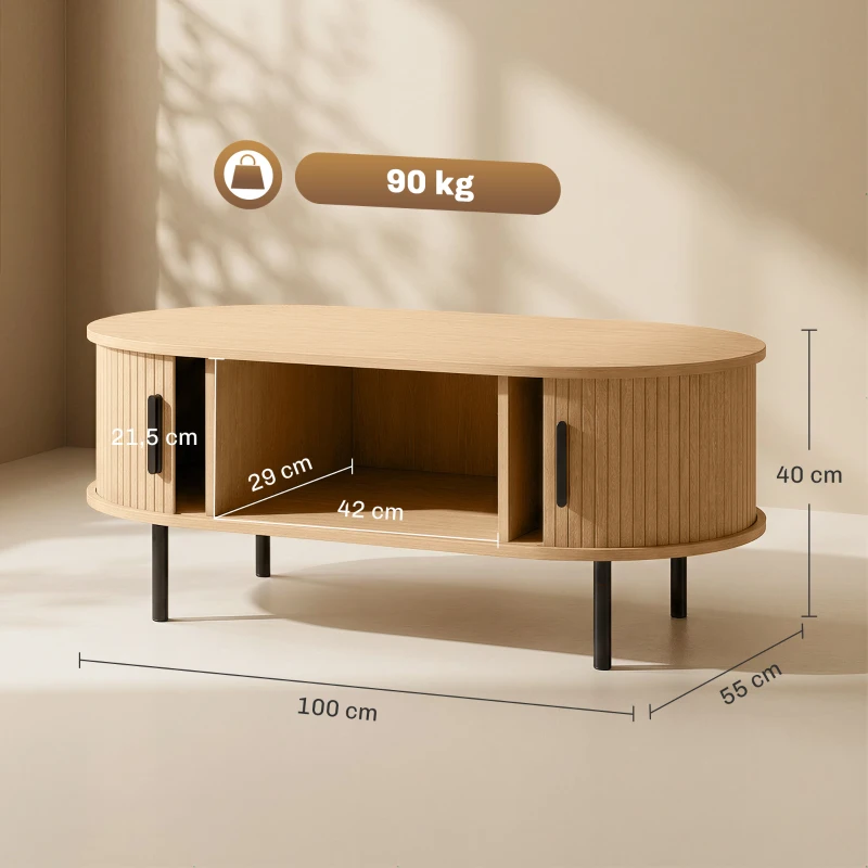 HOMCOM Mesa de Centro con Puertas de Tambor Deslizantes Mesa de Café Ovalada con Almacenamiento Oculto 100x55x40 cm Natural