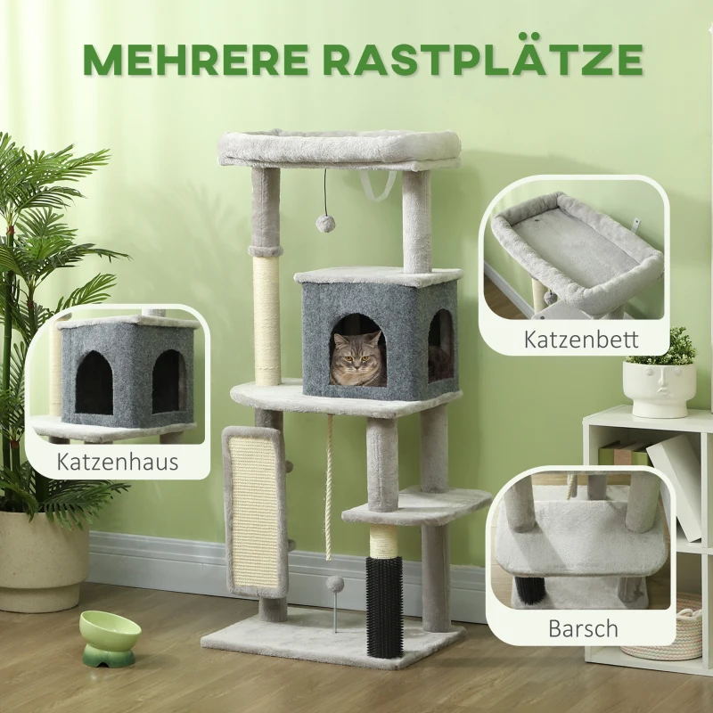 PawHut 132 cm Kattenboom met Krabpalen, Bed, Huisje, Springplatforms, Verzorgingsborstel, Lichtgrijs