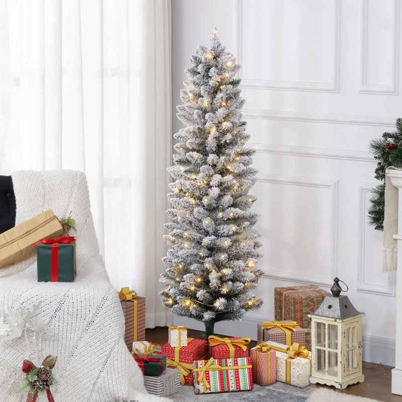 HOMCOM Árvore de Natal 150 cm Árvore de Natal Artificial Nevada com 120 Luzes LED 263 Ramos Verde e Branco