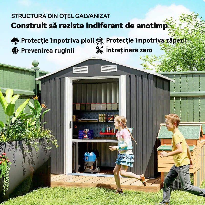 Outsunny Șopron de Grădină, 2 Uși Glisante Blocabile, Oțel Zincat, 2,6 m², Negru