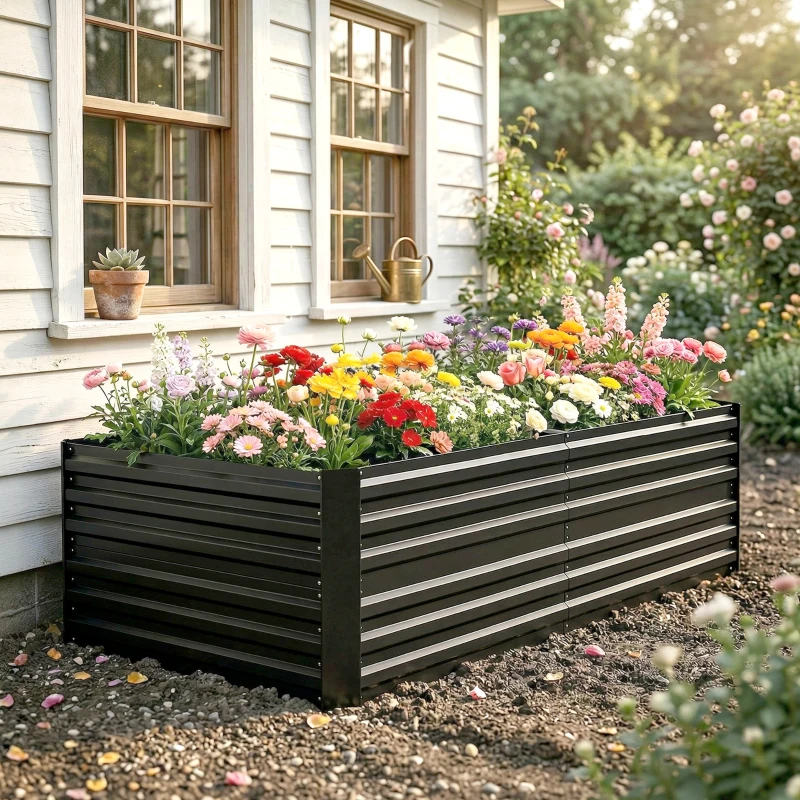 Outsunny Raised Beds for Garden, Galvanised Steel Outdoor Planters with Multi-reinforced Rods, 180 x 90 x 59 cm, Black