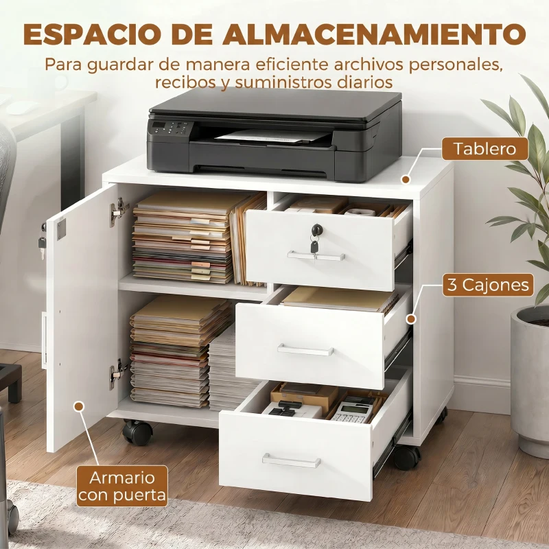 HOMCOM Mueble para Impresora con Ruedas Mesa para Impresora con Puerta y 3 Cajones Cerraduras Estante Ajustable Blanco