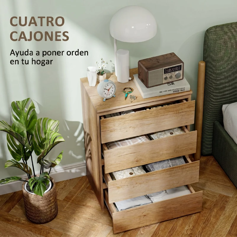 HOMCOM Cómoda 4 Cajones para Dormitorio Moderna Diseño sin Tiradores para Comedor Entrada 60x40x80 cm Madera Natural
