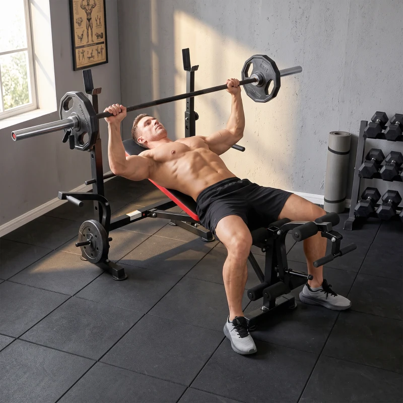 HOMCOM Hantelbank ohne Gewichte, verstellbare Fitnessbank für zahlreiche Übungen,  Workout-Station, Stahl, Kunststoff, Schwarz+Rot(m-10)