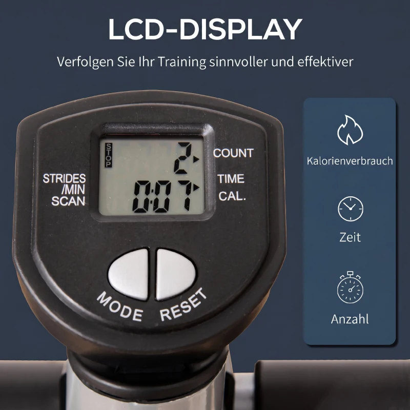 HOMCOM stepper met handvat fitness hometrainer voor thuis, klein fitnessapparaat voor been- en bodemtraining met LCD-scherm, instelbare snelheid Metaal ABS Zwart + Zilver 55 x 53 x 118-128 cm(m-5)