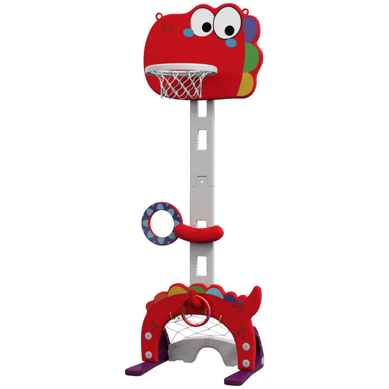 AIYAPLAY 5-in-1 Dinosaur Basketball Set with Adjustable Basketball Stand and Golf Game, Indoor for Boys Girls, Red