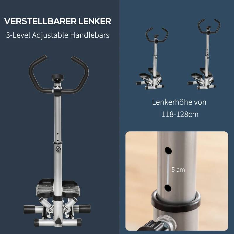 HOMCOM stepper met handvat fitness hometrainer voor thuis, klein fitnessapparaat voor been- en bodemtraining met LCD-scherm, instelbare snelheid Metaal ABS Zwart + Zilver 55 x 53 x 118-128 cm(m-6)